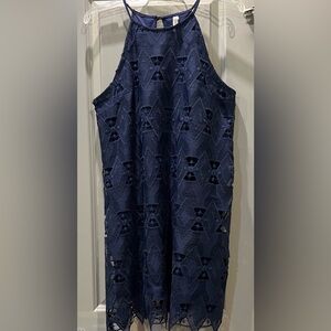 NWOT Lace Halter Dresss fully lined Navy Blue 19” PTP